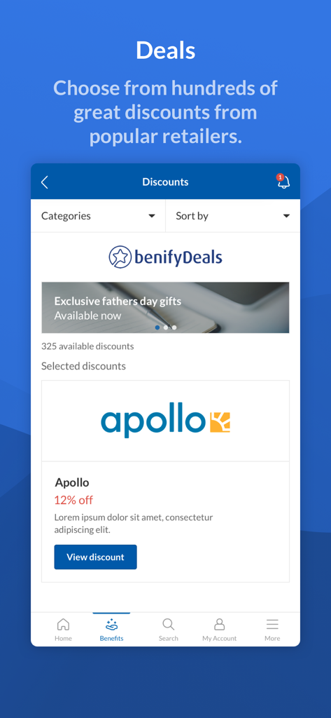 Benify app screen showing employee deals and discounts from popular retailers