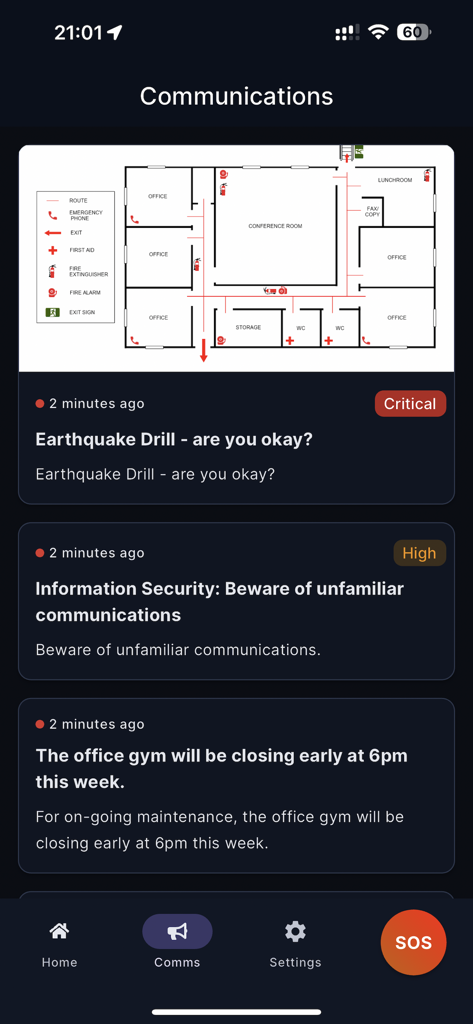 Feed di comunicazioni dell'app Everbridge 360 che visualizza allerte di sicurezza critiche e una planimetria di emergenza dell'ufficio