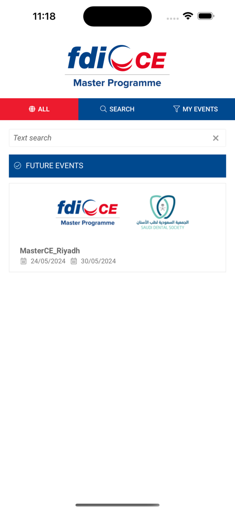 FDI Master CE Programme - Interface de l'application Programme Master CE de la FDI affichant les futurs événements de formation dentaire