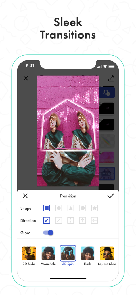 Mobile screen of Funimate app showcasing professional sleek transition effects for creative video editing