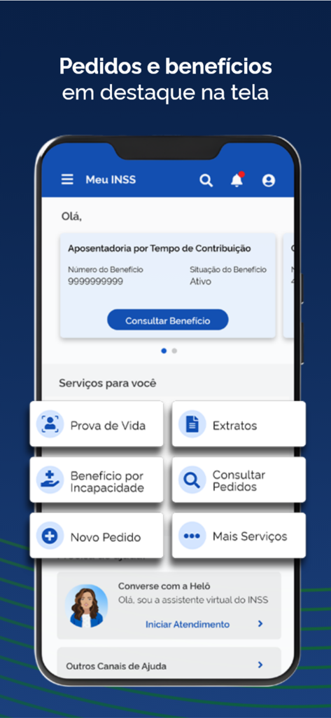 A tela inicial do aplicativo Meu INSS mostrando ícones de serviços como Prova de Vida, Extratos e um cartão de status de benefício de aposentadoria.