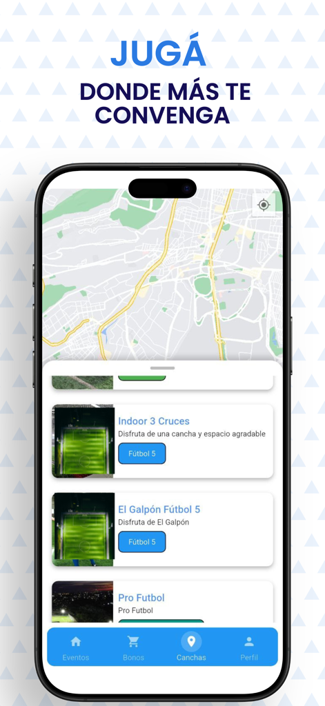 FUTPLAY app interface displaying a map and a list of soccer fields for pickup games