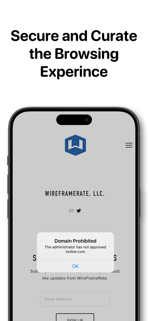 WebFrame Pro Kiosk screen showing a domain prohibited notification