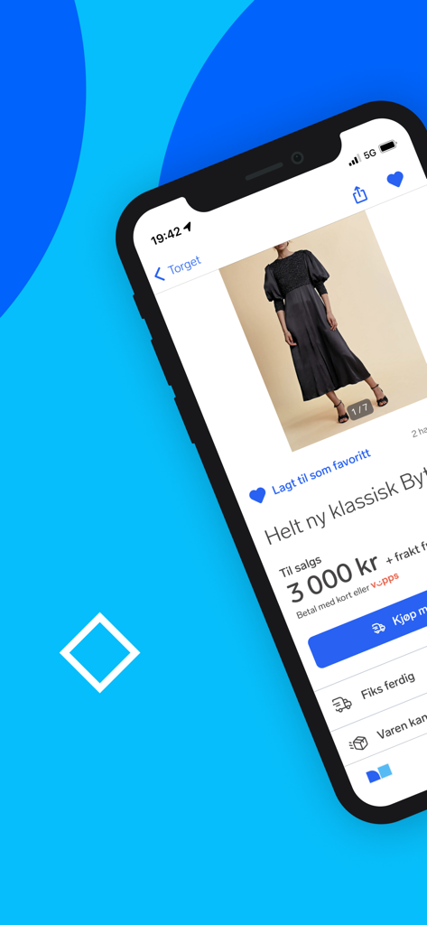 A mobile screen showing a clothing listing on the FINN.no marketplace app with integrated shipping and payment features