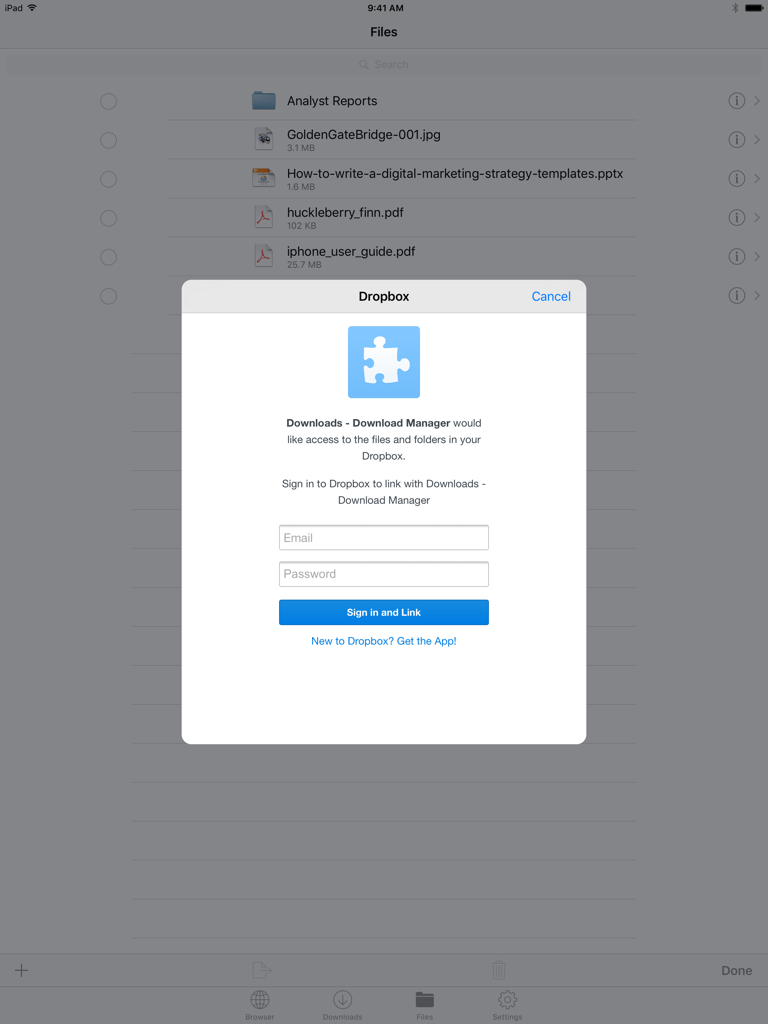 Ventana de inicio de sesión de Dropbox en la aplicación Files HD Pro en iPad mostrando la lista de archivos en segundo plano