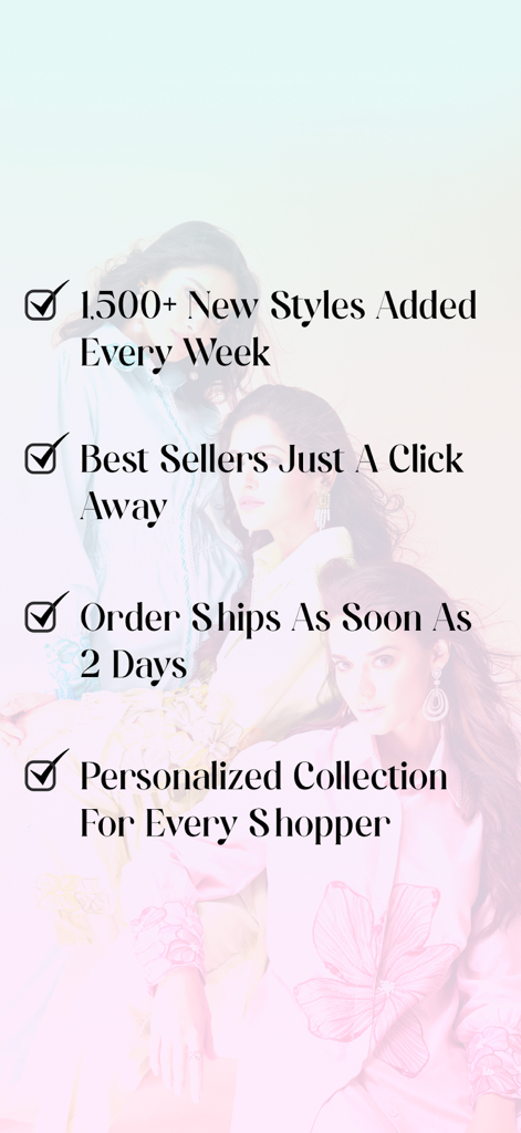 Tela promocional destacando os benefícios do aplicativo Utsav Fashion, incluindo novos estilos semanais e envio rápido.