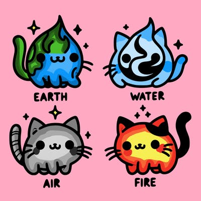 4 cats that represent the different elements, earth, water, air, and fire