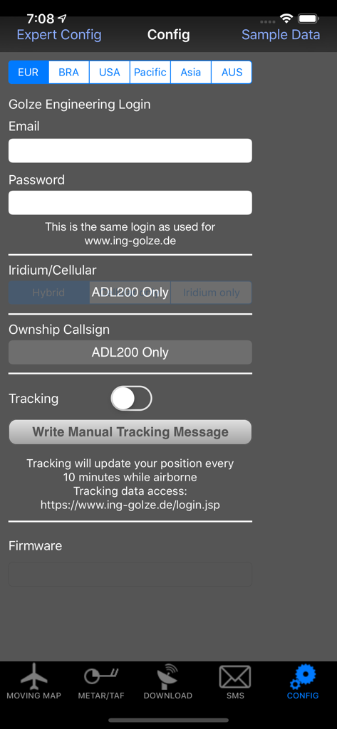 ADLConnect - ADLConnect app configuration screen with login and satellite tracking settings for pilots