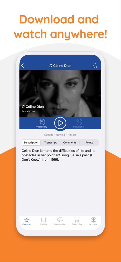Yabla French - Yabla French app interface showing a music video lesson with a call to action to download and watch anywhere