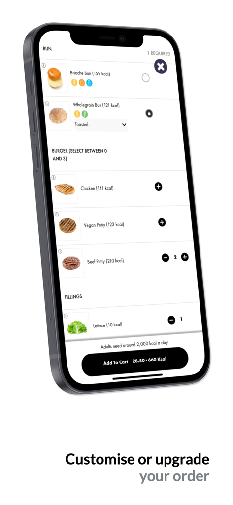 Canteen - Smartphone screen displaying food customization options and calorie counts in the Canteen app.