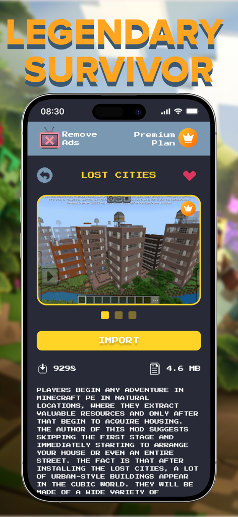 Curseforge Add-Ons for MCPE - A mobile app screen showing the Lost Cities addon for Minecraft Pocket Edition with an import button