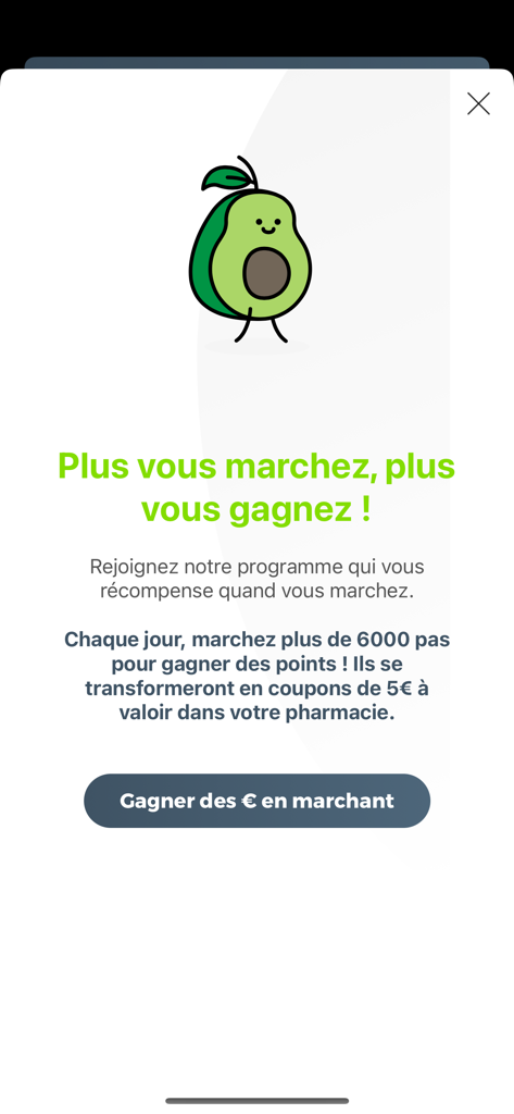EVA Santé - Pantalla de la aplicación EVA Sante que muestra un programa de recompensas de salud que ofrece cupones de farmacia por caminar 6000 pasos al día.