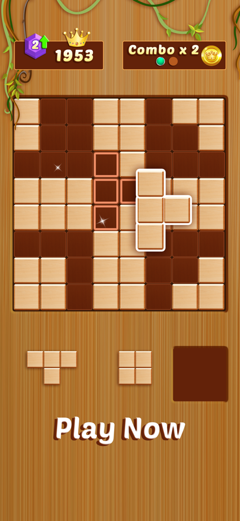Wood Blast - Wood Block Puzzle - Wood Blast gameplay showing wooden blocks being placed on a puzzle grid with a Play Now button