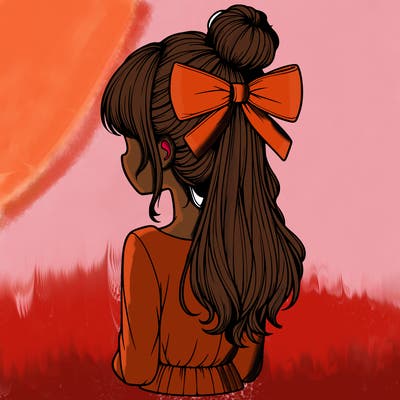realistic girl  with hip length hair a bun and a big bow on the back of head