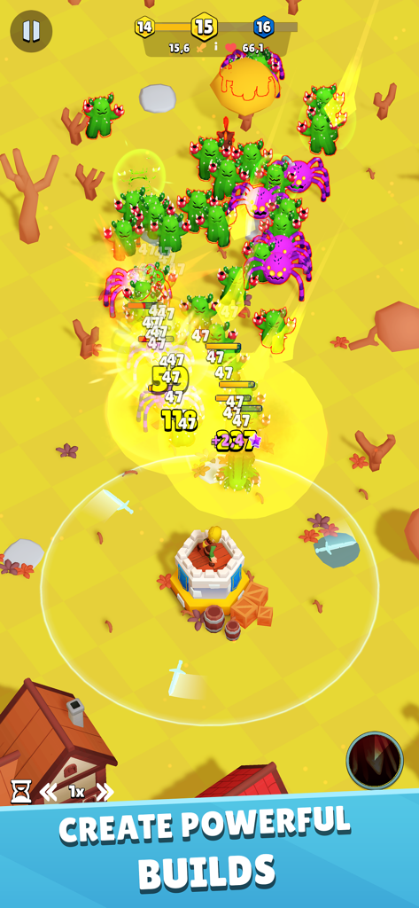 Lone archer defending a central tower against waves of monsters and spiders in a mobile strategy game