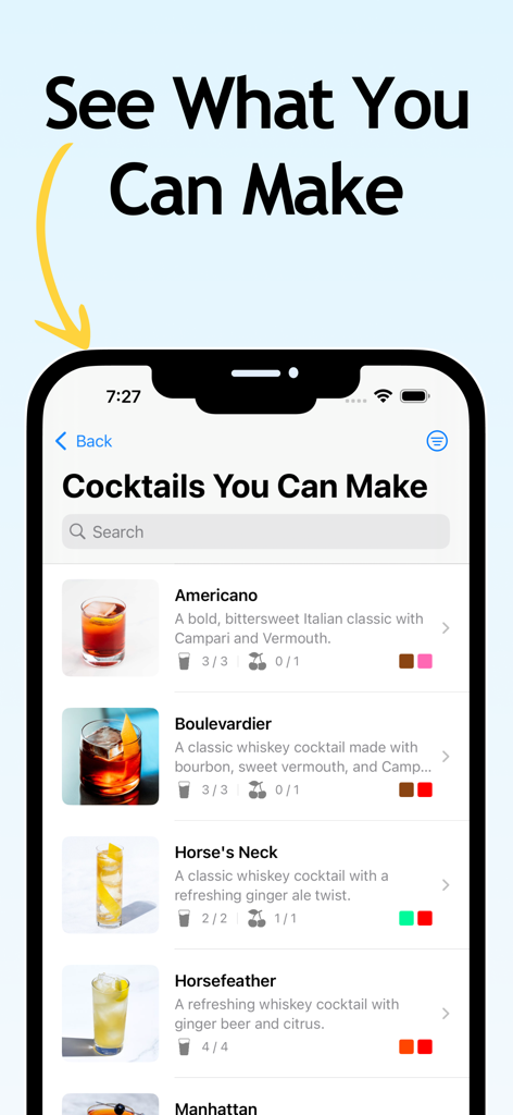 Mobile app screen showing a list of cocktail recipes available to make based on current home bar ingredients.