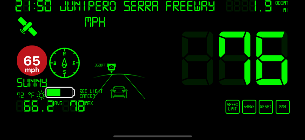 Digital speedometer app interface showing speed, speed limit, road name, and driving alerts in green text on a black background