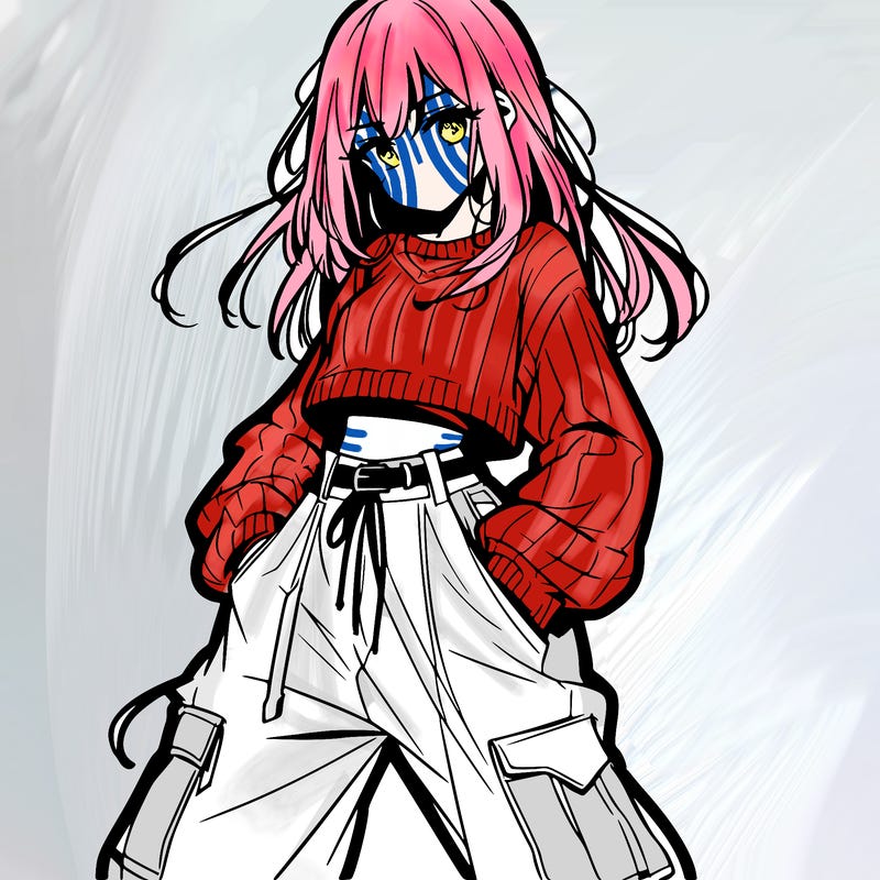 anime teen girl with baggy pants and crop top with sweater
