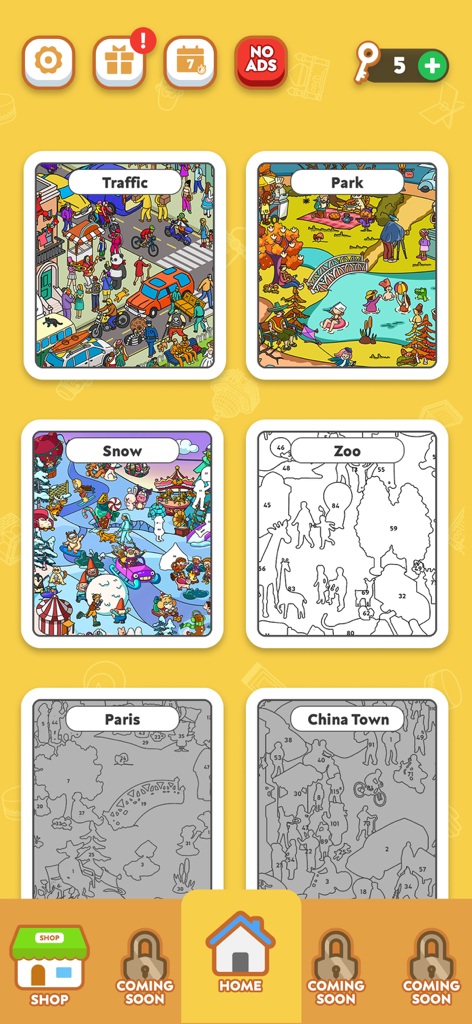 Stickers Diary - ASMR puzzle - Level selection screen in Sticker Diary game showing various illustrated puzzle themes like Traffic Park and Zoo