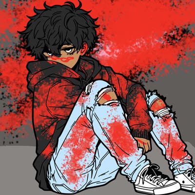 a male hoddie ripped jeans messy hair anime