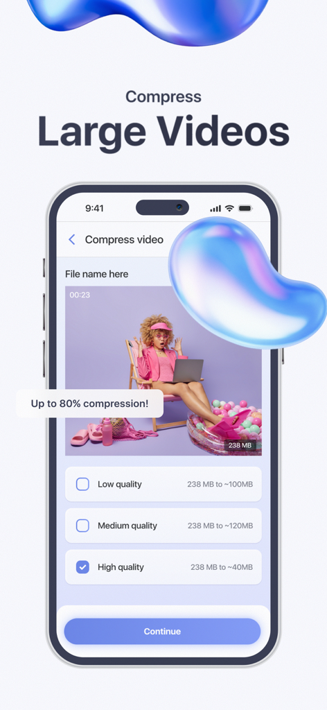 A screenshot of the Pure Cleanup app showing the video compression feature with low medium and high quality options.