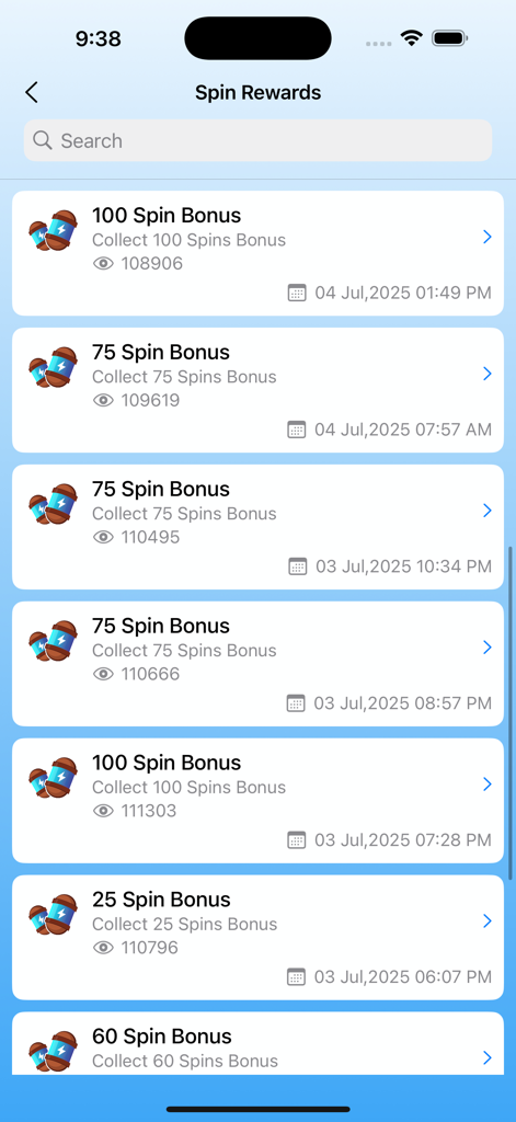Lista de bonificaciones de giros gratis diarios para Coin Master en la aplicación.