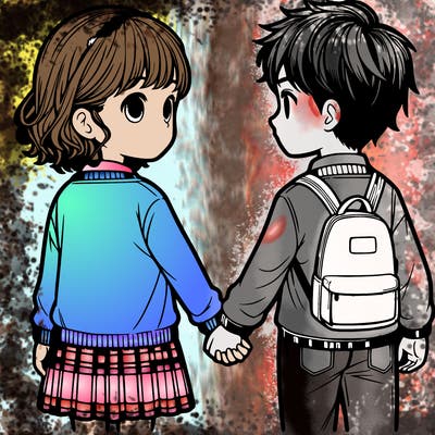 realistic girl and boy holding hands turned around