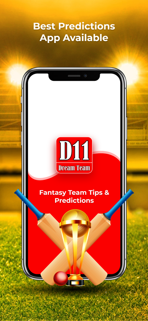 Interfaz de la aplicación Dream Team 11 que muestra consejos y pronósticos de equipos de fantasía para cricket