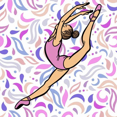 gymnast doing a leap in a leotard with a bent back leg