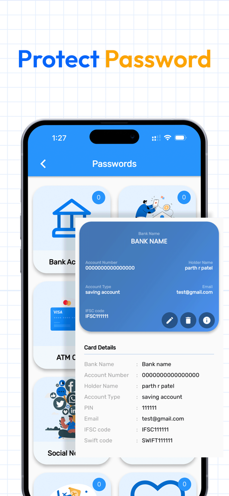 A smartphone screen displaying the password manager feature of the Calculator Lock app for securing bank and card details.