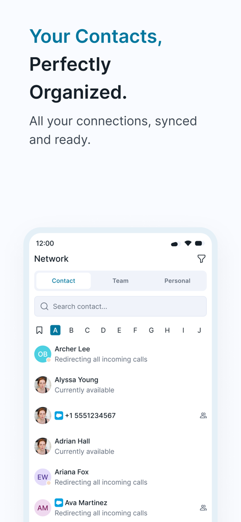 Ringover - Ringover app interface showing synced and organized professional contacts with availability status.