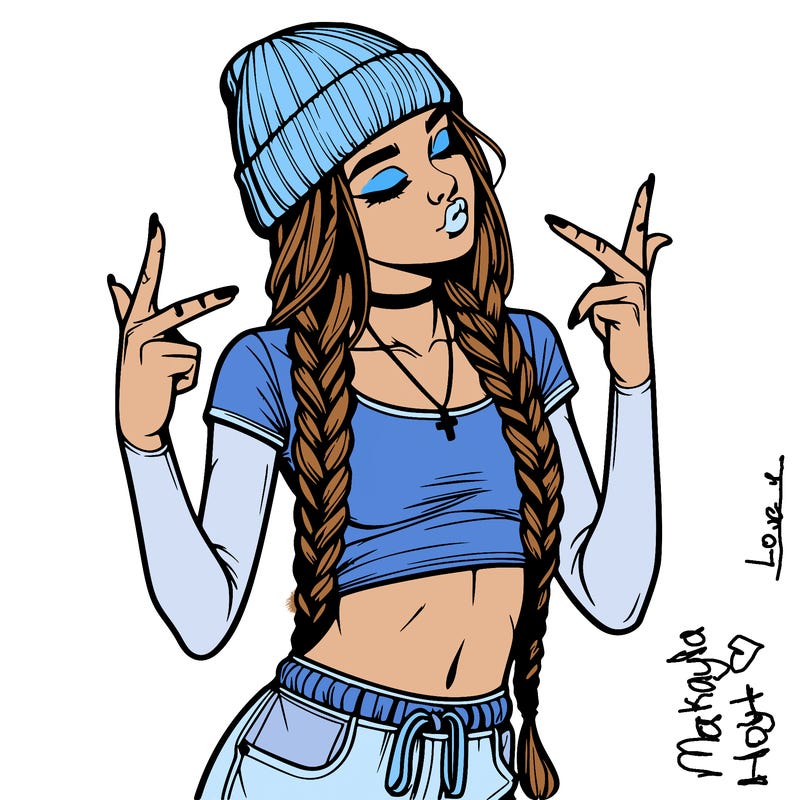 realistic teenage girl with braids and a beanie and crop top doing 🫶🏼