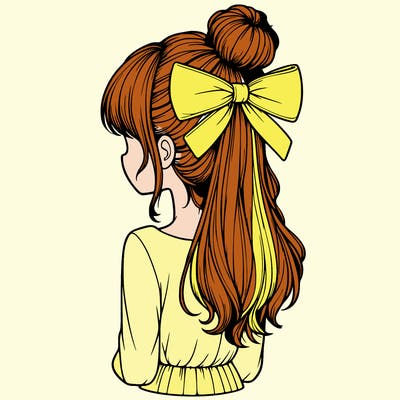 realistic girl  with hip length hair a bun and a big bow on the back of head