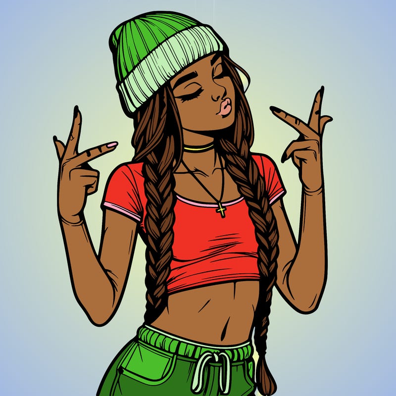 realistic teenage girl with braids and a beanie and crop top doing 🫶🏼