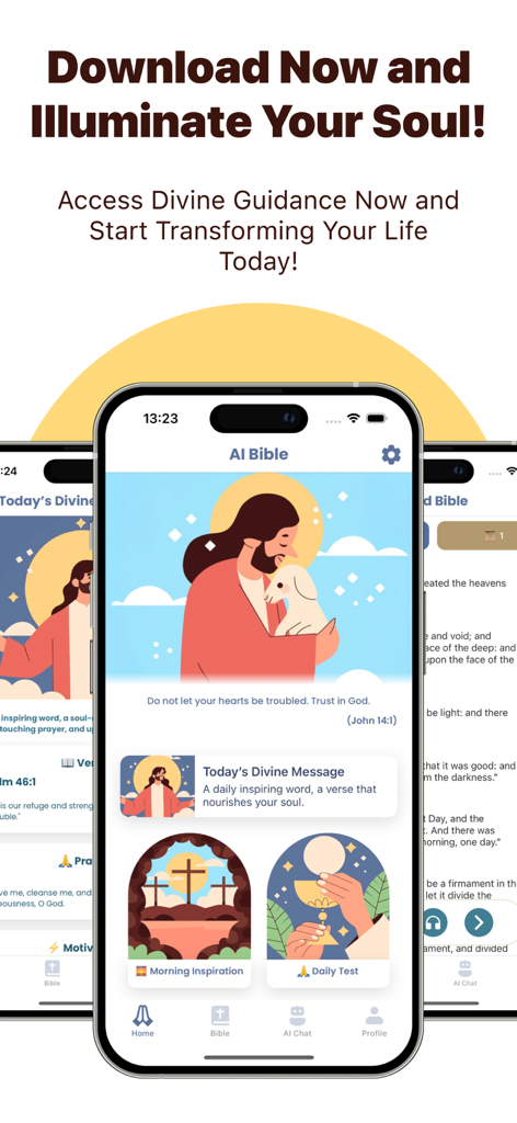 Interfaz de la aplicación Biblia IA que muestra inspiración diaria y funciones de estudio