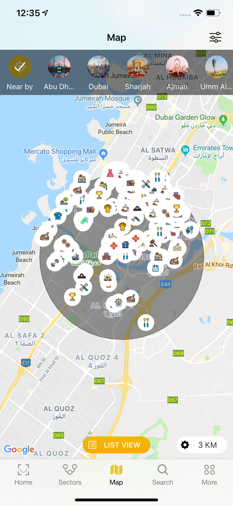 ALSAADA - Interactive map display in the ALSAADA app showing discount locations and categories in Dubai