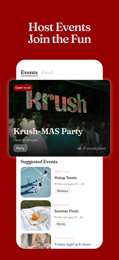 Krush app screen displaying local social events for the Asian community