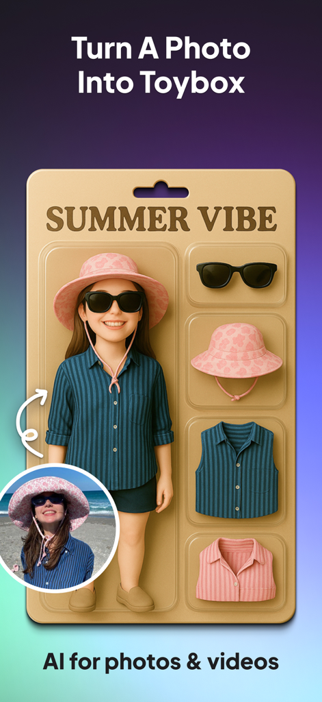 AI Photo Generator: FaceOff - La foto de una mujer transformada en una figura de acción 3D dentro de una caja de juguetes con estilo de verano usando IA de FaceOff.