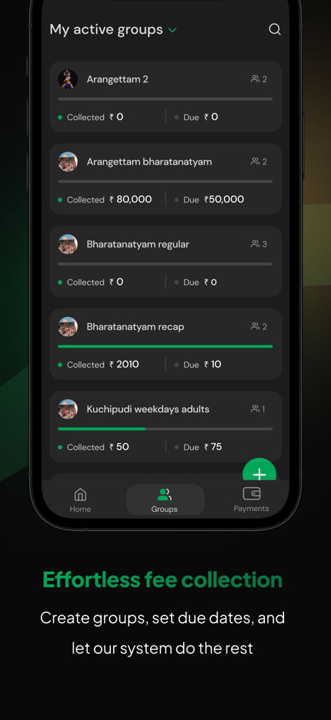 CoFee mobile app interface displaying active fee collection groups with tracking for collected and due amounts