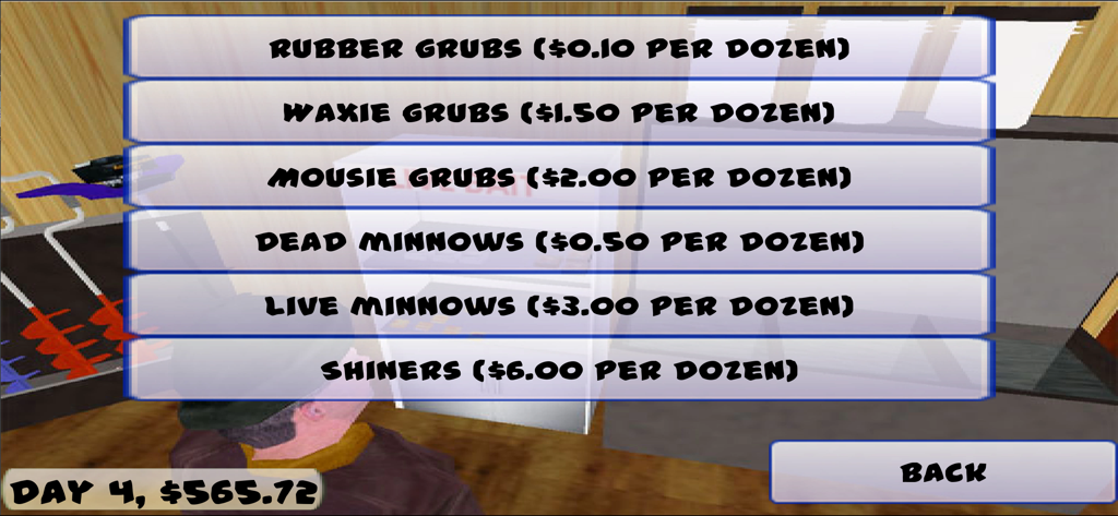 Ice Fishing Derby Premium - 미끼 가게의 게임 내 메뉴, 12개당 다양한 애벌레와 민물고기 가격 표시
