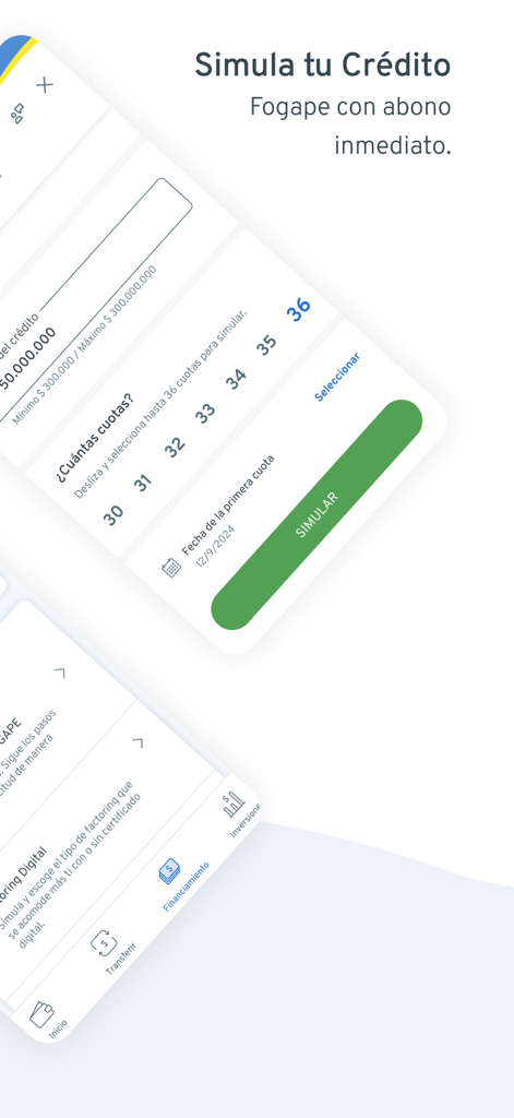 Pantalla de la aplicación Bci Pyme para simular crédito empresarial con opciones de cuotas