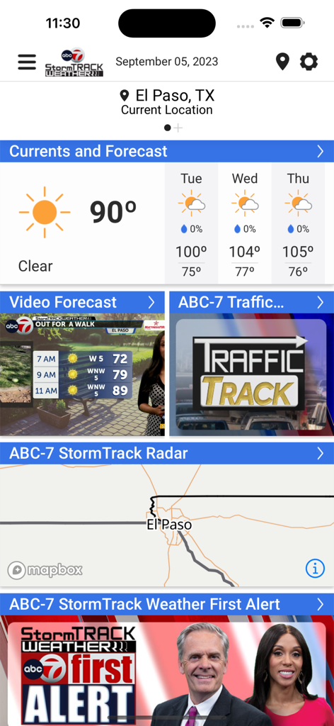 ABC-7 KVIA Weather & Traffic - ABC7 KVIA Weather and Traffic app dashboard featuring El Paso forecast and traffic alerts