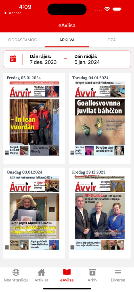 Avvir - Digital archive screen of the Avvir newspaper app showing several front page editions in Northern Sami
