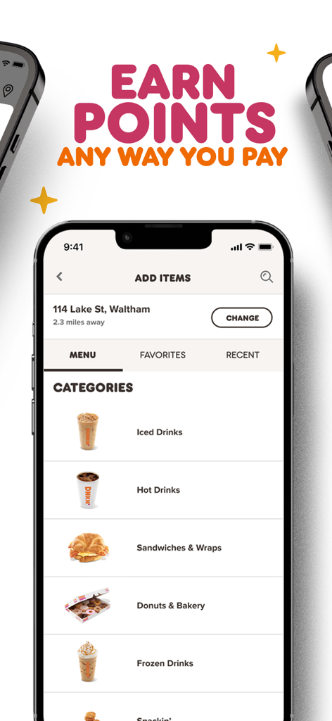 Dunkin' - Dunkin mobile app screen showing menu categories for drinks and food with earn points heading