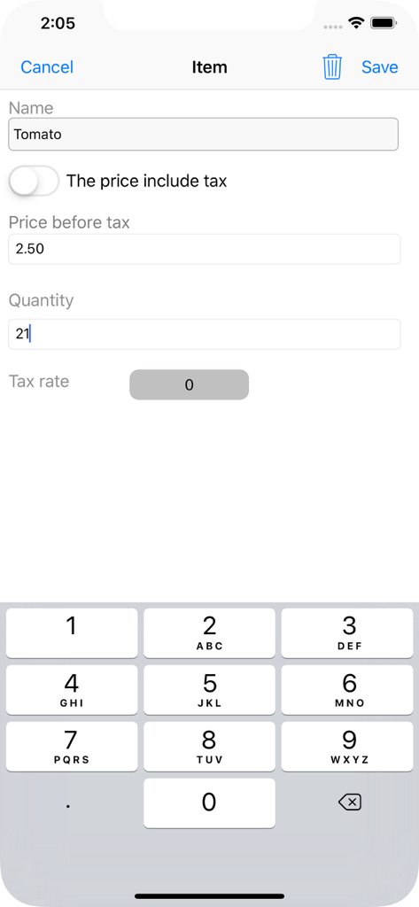 Invoice Pro. - A mobile app screen for entering invoice item details like product name price and quantity