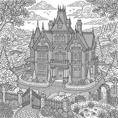 Immerse yourself in the grandeur of a magnificent Victorian mansion with this intricate full-scene coloring page. Perfect for adults, it features stunning architectural details and lush surrounding landscapes ready for your artistic touch.