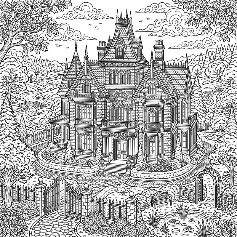 Immerse yourself in the grandeur of a magnificent Victorian mansion with this intricate full-scene coloring page. Perfect for adults, it features stunning architectural details and lush surrounding landscapes ready for your artistic touch.