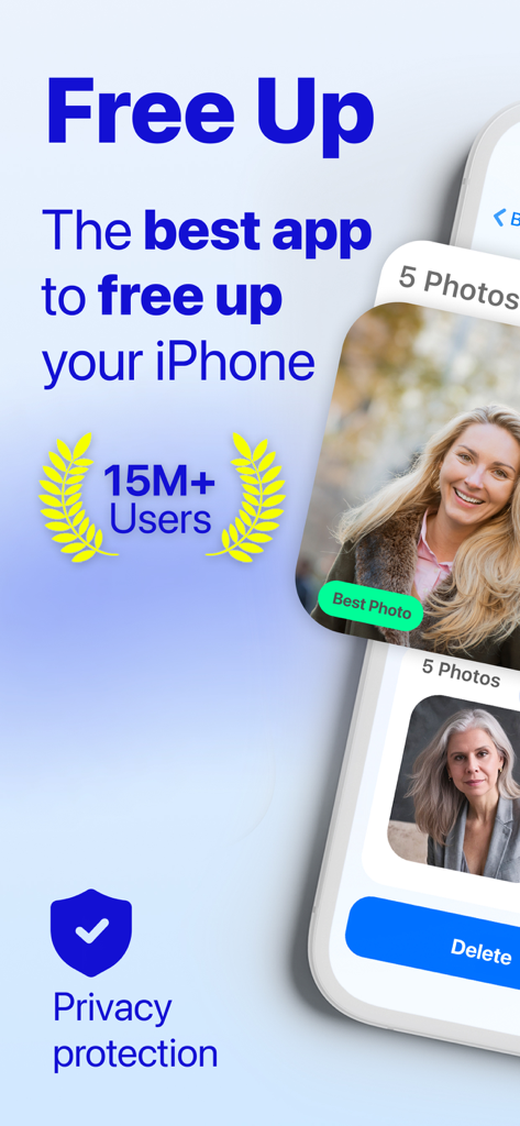 Phone Storage Cleaner: Free up - Interfaz de la aplicación limpiadora de almacenamiento Free Up mostrando la gestión de fotos y las funciones de protección de la privacidad para iPhone