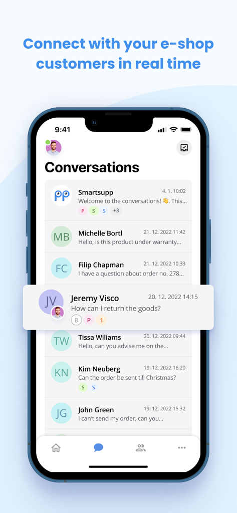 Smartsupp - Smartsupp mobile app interface showing a list of real-time customer conversations for an e-shop