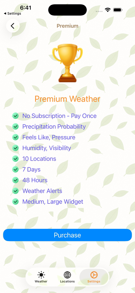 La lista de funciones premium de la aplicación Planet Weather que muestra la opción de compra única y los detalles de datos meteorológicos avanzados.